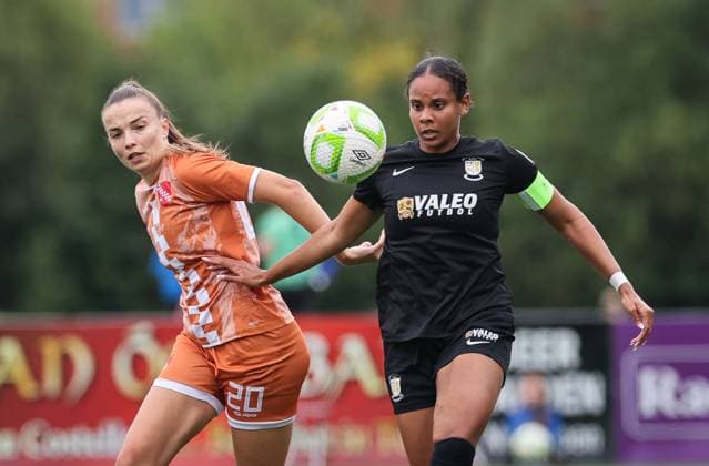 UEFA Women s Champions League First Qualifying Round Final, Athlone Town Stadium, Athlone 2 8 2025 Athlone Town vs ZNK Agram Athlone™s Israela Groves and Anela Lubina of ZNK Agram Israela Groves and Anela Lubina 2 8 2025  Copyright: x INPHO LorrainexOSullivanx 1Q0A1245