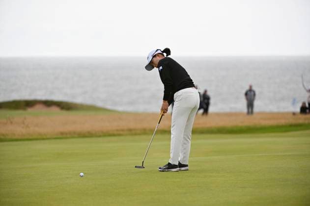 2nd August 2025; Royal Porthcawl Golf Club, Porthcawl, Wales; AIG Womens Open Golf, Round 3; Minami Katsu making a putt on 18  AledxHopkins