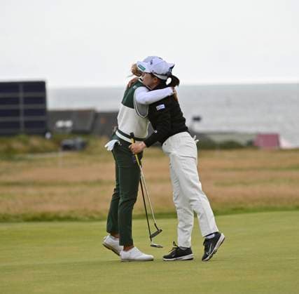 2nd August 2025; Royal Porthcawl Golf Club, Porthcawl, Wales; AIG Womens Open Golf, Round 3; Pauline Roussin& x2011;Bouchard hugging Minami Katsu after the round  AledxHopkins