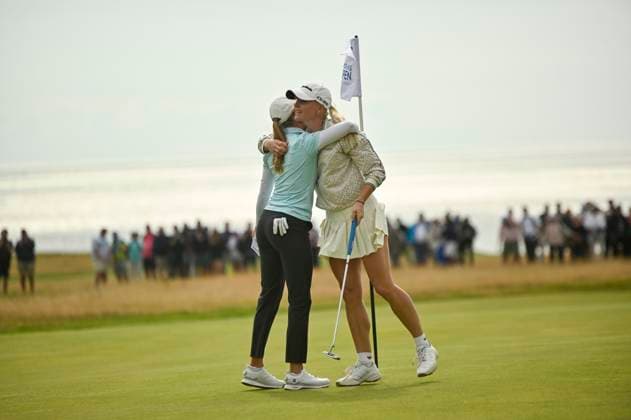 2nd August 2025; Royal Porthcawl Golf Club, Porthcawl, Wales; AIG Womens Open Golf, Round 3; Charley Hull hugging Emma Spitz after the round  AledxHopkins