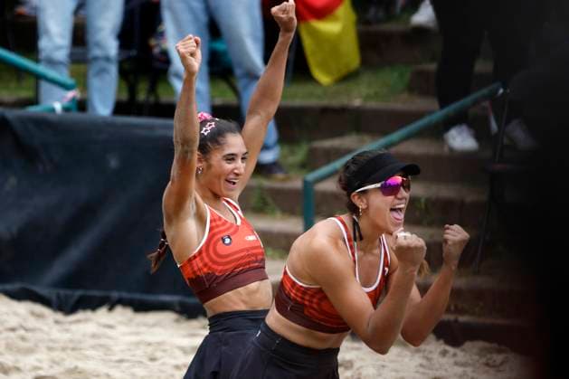 Düsseldorf, Germany, CEV EuroBeachVolley 2025 European Beach Volleyball Championships at the Rochusclub in Düsseldorf 02 08 2025 Womens semi-final MÜLLER Svenja GER 1 and TILLMANN Cinja GER 2 against VIEIRA ClÃ mence FRA 1 and CHAMEREAU Aline FRA 2 VIEIRA ClÃ mence FRA 1 left and CHAMEREAU Aline FRA 2 right are delighted to have reached the final