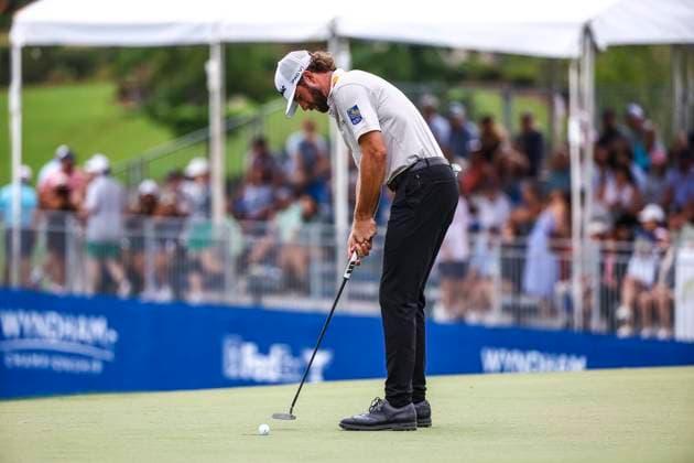 August 2, 2025: Cameron Young finishes the 18th hole to be 20 under, to lead the Wyndham Championship. Third round, 2025 Wyndham Championship, Sedgefield Country Club in Greensboro, North Carolina. CSM Greensboro United States of America - ZUMAc04_ 20250802_zma_c04_075 Copyright: xDavidxBeachx