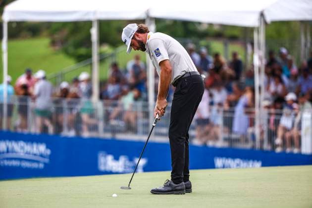August 2, 2025: Cameron Young finishes the 18th hole to be 20 under, to lead the Wyndham Championship. Third round, 2025 Wyndham Championship, Sedgefield Country Club in Greensboro, North Carolina. CSM Greensboro United States of America - ZUMAc04_ 20250802_zma_c04_078 Copyright: xDavidxBeachx