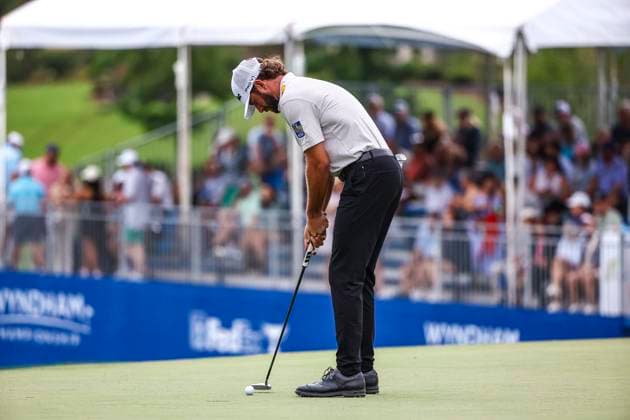 August 2, 2025: Cameron Young finishes the 18th hole to be 20 under, to lead the Wyndham Championship. Third round, 2025 Wyndham Championship, Sedgefield Country Club in Greensboro, North Carolina. CSM Greensboro United States of America - ZUMAc04_ 20250802_zma_c04_079 Copyright: xDavidxBeachx