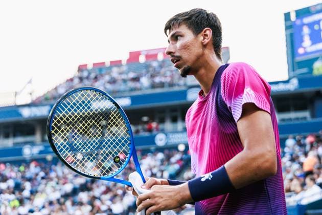 TORONTO, ON - AUGUST 02: Alexei Popyrin (AUS) is seen during a Round of 16 men™s singles match at the ATP, Tennis Herren National Bank Open on August 02, 2025 at Sobeys Stadium in Toronto, ON (Photo by Mathew Tsang Icon Sportswire) TENNIS: AUG 02 National Bank Open EDITORIAL USE ONLY Icon250802038