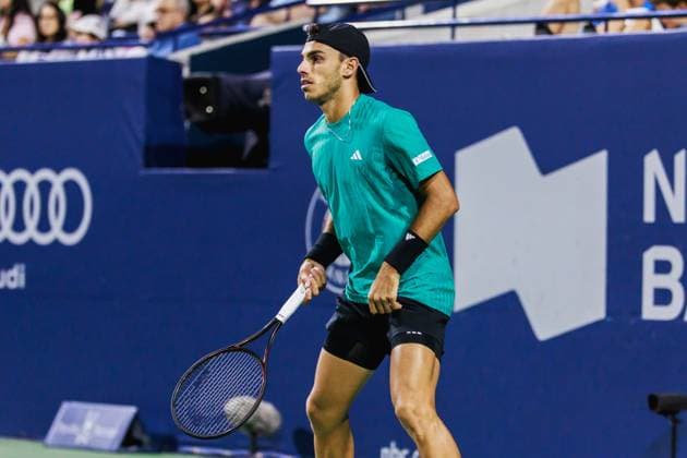TORONTO, ON - AUGUST 02: Francisco Cerundolo (ARG) is seen during a Round of 16 men™s singles match at the ATP, Tennis Herren National Bank Open on August 02, 2025 at Sobeys Stadium in Toronto, ON (Photo by Mathew Tsang Icon Sportswire) TENNIS: AUG 02 National Bank Open EDITORIAL USE ONLY Icon250802043