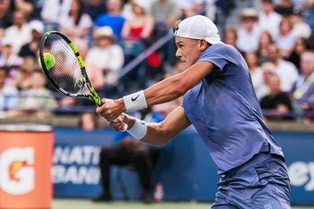 TORONTO, ON - AUGUST 02: Holger Rune (DEN) is seen during Round of 16 men™s singles action at the ATP, Tennis Herren National Bank Open on August 02, 2025 at Sobeys Stadium in Toronto, ON (Photo by Mathew Tsang Icon Sportswire) TENNIS: AUG 02 National Bank Open EDITORIAL USE ONLY Icon250802019