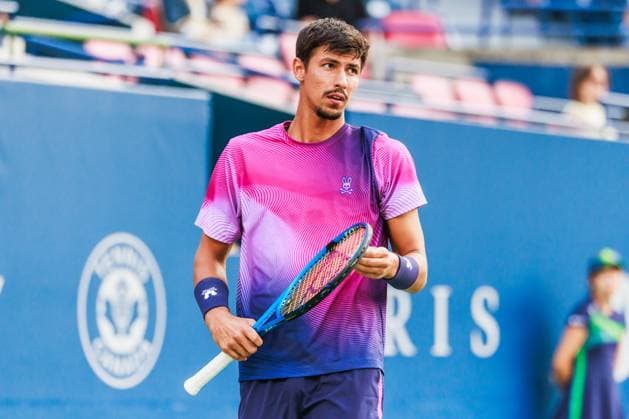 TORONTO, ON - AUGUST 02: Alexei Popyrin (AUS) is seen during a Round of 16 men™s singles match at the ATP, Tennis Herren National Bank Open on August 02, 2025 at Sobeys Stadium in Toronto, ON (Photo by Mathew Tsang Icon Sportswire) TENNIS: AUG 02 National Bank Open EDITORIAL USE ONLY Icon250802003