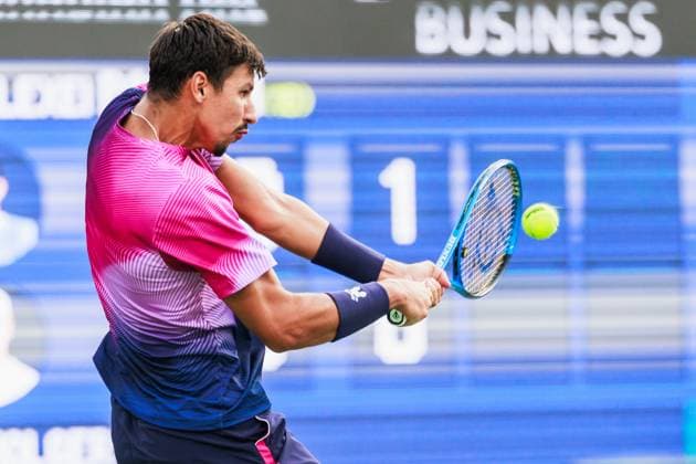 TORONTO, ON - AUGUST 02: Alexei Popyrin (AUS) is seen during Round of 16 men™s singles action at the ATP, Tennis Herren National Bank Open on August 02, 2025 at Sobeys Stadium in Toronto, ON (Photo by Mathew Tsang Icon Sportswire) TENNIS: AUG 02 National Bank Open EDITORIAL USE ONLY Icon250802004