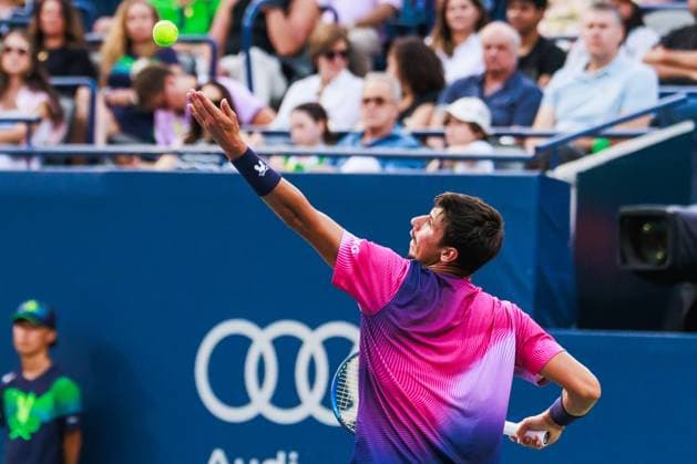 TORONTO, ON - AUGUST 02: Alexei Popyrin (AUS) is seen during Round of 16 men™s singles action at the ATP, Tennis Herren National Bank Open on August 02, 2025 at Sobeys Stadium in Toronto, ON (Photo by Mathew Tsang Icon Sportswire) TENNIS: AUG 02 National Bank Open EDITORIAL USE ONLY Icon250802015