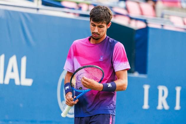 TORONTO, ON - AUGUST 02: Alexei Popyrin (AUS) is seen during a Round of 16 men™s singles match at the ATP, Tennis Herren National Bank Open on August 02, 2025 at Sobeys Stadium in Toronto, ON (Photo by Mathew Tsang Icon Sportswire) TENNIS: AUG 02 National Bank Open EDITORIAL USE ONLY Icon250802001