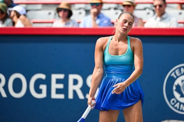 MONTREAL, QC - AUGUST 02: Marta Kostyuk (UKR) reacts after losing a point during a fourth round match at WTA, Tennis Damen National Bank Open on August 02, 2025 at IGA Stadium in Montreal, QC (Photo by David Kirouac Icon Sportswire) TENNIS: AUG 02 National Bank Open EDITORIAL USE ONLY Icon250802028