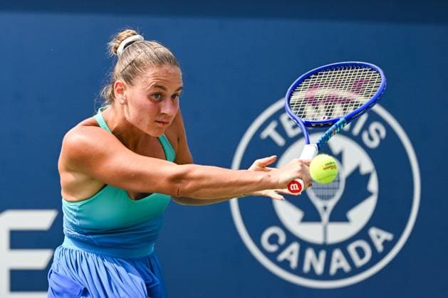MONTREAL, QC - AUGUST 02: Marta Kostyuk (UKR) returns the ball during a fourth round match at WTA, Tennis Damen National Bank Open on August 02, 2025 at IGA Stadium in Montreal, QC (Photo by David Kirouac Icon Sportswire) TENNIS: AUG 02 National Bank Open EDITORIAL USE ONLY Icon250802029