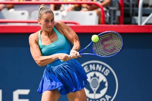 MONTREAL, QC - AUGUST 02: Marta Kostyuk (UKR) returns the ball during a fourth round match at WTA, Tennis Damen National Bank Open on August 02, 2025 at IGA Stadium in Montreal, QC (Photo by David Kirouac Icon Sportswire) TENNIS: AUG 02 National Bank Open EDITORIAL USE ONLY Icon250802017