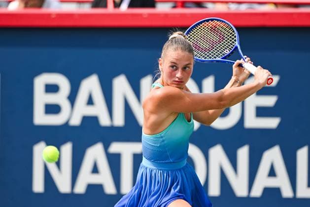 MONTREAL, QC - AUGUST 02: Marta Kostyuk (UKR) returns the ball during a fourth round match at WTA, Tennis Damen National Bank Open on August 02, 2025 at IGA Stadium in Montreal, QC (Photo by David Kirouac Icon Sportswire) TENNIS: AUG 02 National Bank Open EDITORIAL USE ONLY Icon250802024