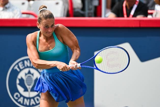 MONTREAL, QC - AUGUST 02: Marta Kostyuk (UKR) returns the ball during a fourth round match at WTA, Tennis Damen National Bank Open on August 02, 2025 at IGA Stadium in Montreal, QC (Photo by David Kirouac Icon Sportswire) TENNIS: AUG 02 National Bank Open EDITORIAL USE ONLY Icon250802025