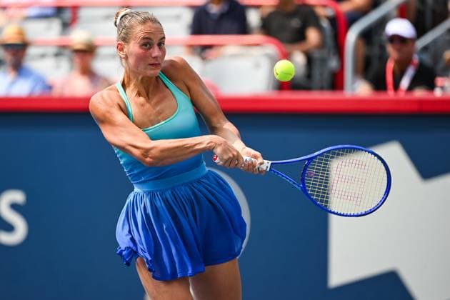 MONTREAL, QC - AUGUST 02: Marta Kostyuk (UKR) returns the ball during a fourth round match at WTA, Tennis Damen National Bank Open on August 02, 2025 at IGA Stadium in Montreal, QC (Photo by David Kirouac Icon Sportswire) TENNIS: AUG 02 National Bank Open EDITORIAL USE ONLY Icon250802026