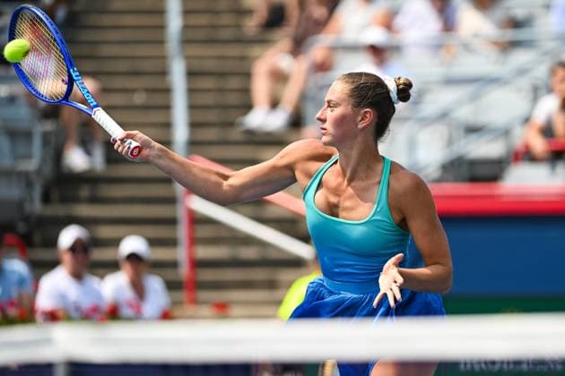 MONTREAL, QC - AUGUST 02: Marta Kostyuk (UKR) returns the ball during a fourth round match at WTA, Tennis Damen National Bank Open on August 02, 2025 at IGA Stadium in Montreal, QC (Photo by David Kirouac Icon Sportswire) TENNIS: AUG 02 National Bank Open EDITORIAL USE ONLY Icon250802005