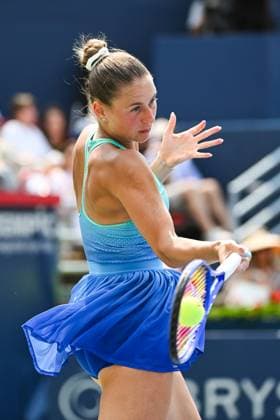 MONTREAL, QC - AUGUST 02: Marta Kostyuk (UKR) returns the ball during a fourth round match at WTA, Tennis Damen National Bank Open on August 02, 2025 at IGA Stadium in Montreal, QC (Photo by David Kirouac Icon Sportswire) TENNIS: AUG 02 National Bank Open EDITORIAL USE ONLY Icon250802007