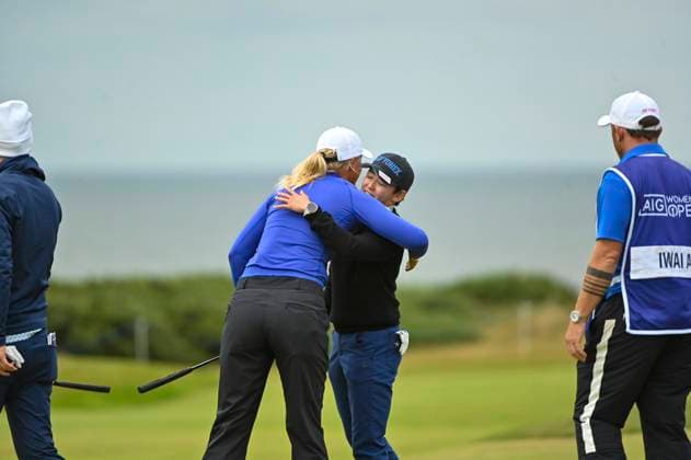 1st August 2025; Royal Porthcawl Golf Club, Porthcawl, Wales; AIG Womens Open Golf, Round 2; Akie Iwai hugging Anna Nordqvist at the end of the round  AledxHopkins