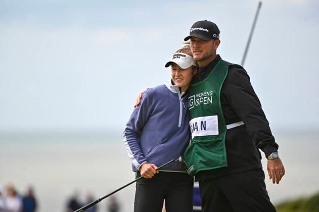 1st August 2025; Royal Porthcawl Golf Club, Porthcawl, Wales; AIG Womens Open Golf, Round 2; Nelly Korda hugs caddie after the round  AledxHopkins