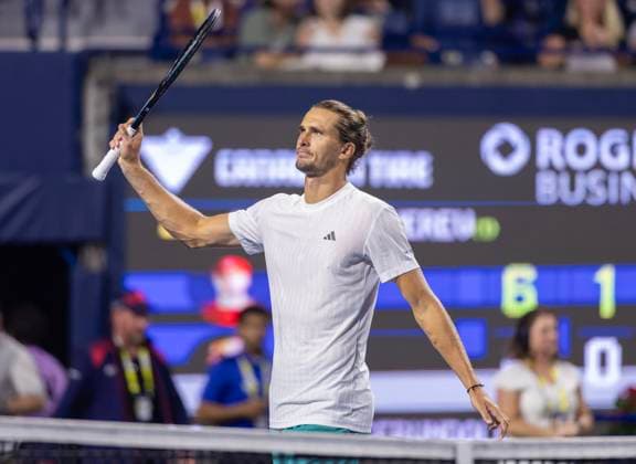 (250803) -- TORONTO, Aug. 3, 2025 -- Alexander Zverev celebrates victory after the men s singles round of 16 match between Alexander Zverev of Germany and Francisco Cerundolo of Argentina at the 2025 National Bank Open tennis tournament in Toronto, Canada, Aug. 2, 2025. (Photo by Xinhua) (SP) CANADA-TORONTO-TENNIS-NATIONAL BANK OPEN-MEN S SINGLES ZouxZheng 
