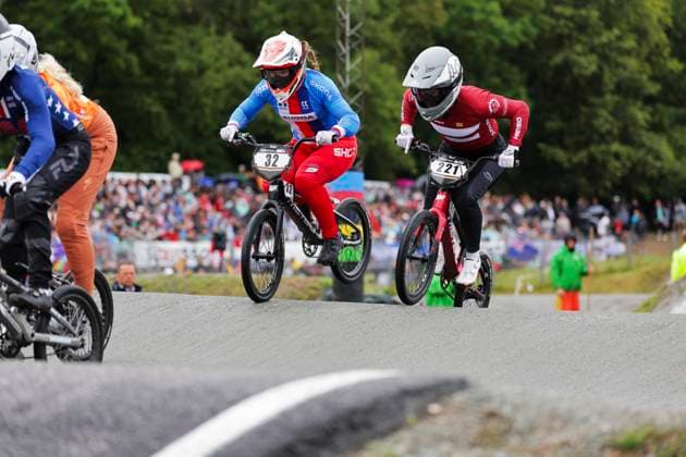 2025 UCI BMX Racing World Championships Picture by Alex Whitehead SWpix.com - 03 08 2025 - Cycling - 2025 UCI BMX Racing World Championships - Copenhagen, Denmark - Women Elite Quarter-finals - EliÅ¡ka BartuÅˆkova (Czechia), Dorte Balle (Denmark) Copyright: x xSWpix.comx(t axPhotographyxHubxLtd)xAlexxWhitehead SWpix.comx SWP-3030-0346