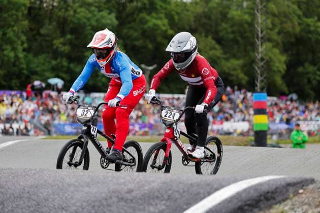 2025 UCI BMX Racing World Championships Picture by Alex Whitehead SWpix.com - 03 08 2025 - Cycling - 2025 UCI BMX Racing World Championships - Copenhagen, Denmark - Women Elite Quarter-finals - EliÅ¡ka BartuÅˆkova (Czechia), Dorte Balle (Denmark) Copyright: x xSWpix.comx(t axPhotographyxHubxLtd)xAlexxWhitehead SWpix.comx SWP-3030-0347