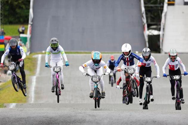 2025 UCI BMX Racing World Championships Picture by Alex Whitehead SWpix.com - 03 08 2025 - Cycling - 2025 UCI BMX Racing World Championships - Copenhagen, Denmark - Women Junior Semi-finals - Lola De Oliveira (France), Charlotte Guy (Australia), Freia Challis (Great Britain), Derin Merten (United States) Copyright: x xSWpix.comx(t axPhotographyxHubxLtd)xAlexxWhitehead SWpix.comx SWP-3030-0360