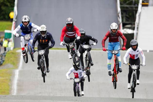 2025 UCI BMX Racing World Championships Picture by Alex Whitehead SWpix.com - 03 08 2025 - Cycling - 2025 UCI BMX Racing World Championships - Copenhagen, Denmark - Men Junior Quarter-finals - Rasmus Simonsen (Denmark), Rodrigo Morales Bermejo (Spain), Kristers Apels (Latvia) Copyright: x xSWpix.comx(t axPhotographyxHubxLtd)xAlexxWhitehead SWpix.comx SWP-3030-0368
