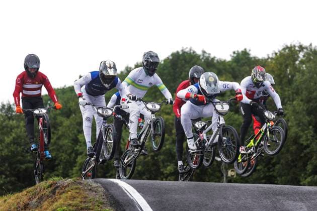2025 UCI BMX Racing World Championships Picture by Alex Whitehead SWpix.com - 03 08 2025 - Cycling - 2025 UCI BMX Racing World Championships - Copenhagen, Denmark - Men Elite Semi-finals - Izaac Kennedy (Australia), Eddy Clerte (France), Sylvain Andre (France) Copyright: x xSWpix.comx(t axPhotographyxHubxLtd)xAlexxWhitehead SWpix.comx SWP-3030-0386