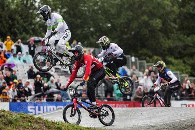 2025 UCI BMX Racing World Championships Picture by Alex Whitehead SWpix.com - 03 08 2025 - Cycling - 2025 UCI BMX Racing World Championships - Copenhagen, Denmark - Men Elite Semi-finals - Jakob Sardag (Denmark), Izaac Kennedy (Australia) Copyright: x xSWpix.comx(t axPhotographyxHubxLtd)xAlexxWhitehead SWpix.comx SWP-3030-0387