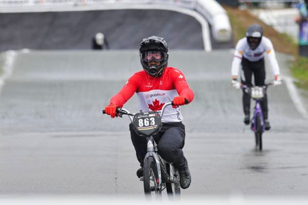 2025 UCI BMX Racing World Championships Picture by Alex Whitehead SWpix.com - 03 08 2025 - Cycling - 2025 UCI BMX Racing World Championships - Copenhagen, Denmark - Men Junior Final - Lucas Zhou (Canada) finishing third Copyright: x xSWpix.comx(t axPhotographyxHubxLtd)xAlexxWhitehead SWpix.comx SWP-3030-0394