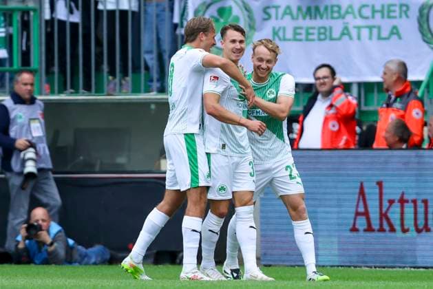 Felix Klaus SpVgg Greuther Fuerth celebrates after scoring his teams second goal with Mathias Olesen SpVgg Greuther Fuerth and Jannik Dehm SpVgg Greuther Fuerth , 2 Bundesliga, SpVgg Greuther Fuerth v Dynamo Dresden, Sportpark Ronhof Thomas Sommer on August 03, 2025 in Fuerth, Germany Photo by Marco Steinbrenner DeFodi Images Felix Klaus SpVgg Greuther Fuerth celebrates after scoring his teams second goal with Mathias Olesen SpVgg Greuther Fuerth and Jannik Dehm SpVgg Greuther Fuerth , 2 Bundesliga, SpVgg Greuther Fuerth v Dynamo Dresden, Sportpark Ronhof Thomas Sommer, August 3, 2025 in Fuerth, Germany Photo by Marco Steinbrenner DeFodi Images DFB DFL REGULATIONS PROHIBIT ANY USE OF PHOTOGRAPHS AS IMAGE SEQUENCES AND OR QUASI VIDEO