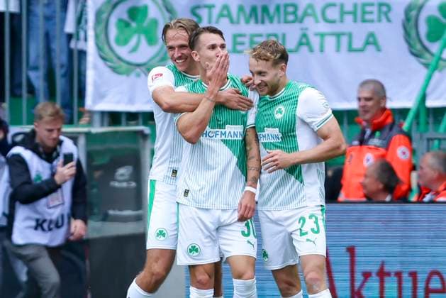 Felix Klaus SpVgg Greuther Fuerth celebrates after scoring his teams second goal with Mathias Olesen SpVgg Greuther Fuerth and Jannik Dehm SpVgg Greuther Fuerth , 2 Bundesliga, SpVgg Greuther Fuerth v Dynamo Dresden, Sportpark Ronhof Thomas Sommer on August 03, 2025 in Fuerth, Germany Photo by Marco Steinbrenner DeFodi Images Felix Klaus SpVgg Greuther Fuerth celebrates after scoring his teams second goal with Mathias Olesen SpVgg Greuther Fuerth and Jannik Dehm SpVgg Greuther Fuerth , 2 Bundesliga, SpVgg Greuther Fuerth v Dynamo Dresden, Sportpark Ronhof Thomas Sommer, August 3, 2025 in Fuerth, Germany Photo by Marco Steinbrenner DeFodi Images DFB DFL REGULATIONS PROHIBIT ANY USE OF PHOTOGRAPHS AS IMAGE SEQUENCES AND OR QUASI VIDEO