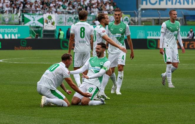 Felix Klaus 30 Spvgg Greuther Fuerth celebrates after his 2 0 with flanker Branimir Hrgota 10 Spvgg Greuther Fuerth , Spvgg Greuther Fuerth vs SG Dynamo Dresden, DFL, 2 Bundesliga, Saison 2025 2026, Hinrunde, 1 Spieltag, 03 08 2025 DFB regulations prohibit any use of photographs as image sequences and or quasi video Fuerth Bayern Germany Copyright: xkolbert-press MartinxAgüerax