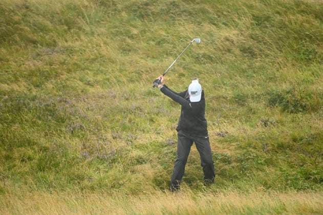 3rd August 2025; Royal Porthcawl Golf Club, Porthcawl, Wales; AIG Womens Open Golf, Final Round; Nelly Korda chipping out of the rough on 1  AledxHopkins