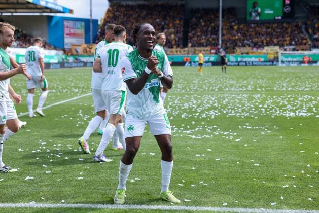 Noel Futkeu 9 Spvgg Greuther Fuerth celebrates after his goal for 3 1, Spvgg Greuther Fuerth vs SG Dynamo Dresden, DFL, 2 Bundesliga, Saison 2025 2026, Hinrunde, 1 Spieltag, 03 08 2025 DFB regulations prohibit any use of photographs as image sequences and or quasi video Fuerth Bayern Germany Copyright: xkolbert-press MartinxAgüerax