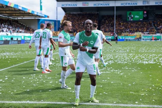 Noel Futkeu 9 Spvgg Greuther Fuerth celebrates after his goal for 3 1, Spvgg Greuther Fuerth vs SG Dynamo Dresden, DFL, 2 Bundesliga, Saison 2025 2026, Hinrunde, 1 Spieltag, 03 08 2025 DFB regulations prohibit any use of photographs as image sequences and or quasi video Fuerth Bayern Germany Copyright: xkolbert-press MartinxAgüerax
