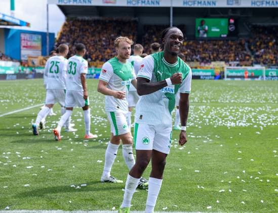 Noel Futkeu 9 Spvgg Greuther Fuerth celebrates after his goal for 3 1, Spvgg Greuther Fuerth vs SG Dynamo Dresden, DFL, 2 Bundesliga, Saison 2025 2026, Hinrunde, 1 Spieltag, 03 08 2025 DFB regulations prohibit any use of photographs as image sequences and or quasi video Fuerth Bayern Germany Copyright: xkolbert-press MartinxAgüerax