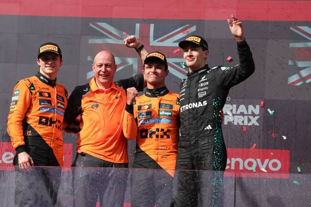 81 Oscar Piastri AUS, McLaren F1 Team , 4 Lando Norris GBR, McLaren F1 Team , 63 George Russell GBR, Mercedes AMG Petronas F1 Team , F1 Grand Prix of Hungary at Hungaroring on August 3, 2025 in Budapest, Hungary Photo by HOCH ZWEI Budapest Hungary