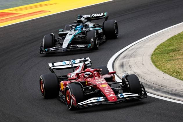 F1 - HUNGARIAN GRAND PRIX 2025 16 LECLERC Charles (mco), Scuderia Ferrari SF-25, action and 63 RUSSELL George (gbr), Mercedes AMG F1 Team W16, action during the 2025 Formula 1 Lenovo Hungarian Grand Prix, 14th round of the 2025 FIA Formula One World Championship, WM, Weltmeisterschaft from August 1 to 3, 2025 on the Hungaroring, in Mogyorod, Hungary - MogyorodHungary Copyright: xJulienxDelfossex