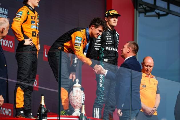 F1 - HUNGARIAN GRAND PRIX 2025 Podium: NORRIS Lando (gbr), McLaren F1 Team MCL39, PIASTRI Oscar (aus), McLaren F1 Team MCL39, RUSSELL George (gbr), Mercedes AMG F1 Team W16, portrait, during the 2025 Formula 1 Lenovo Hungarian Grand Prix, 14th round of the 2025 FIA Formula One World Championship, WM, Weltmeisterschaft from August 1 to 3, 2025 on the Hungaroring, in Mogyorod, Hungary - MogyorodHungary  Copyright: xFLORENTxGOODENx