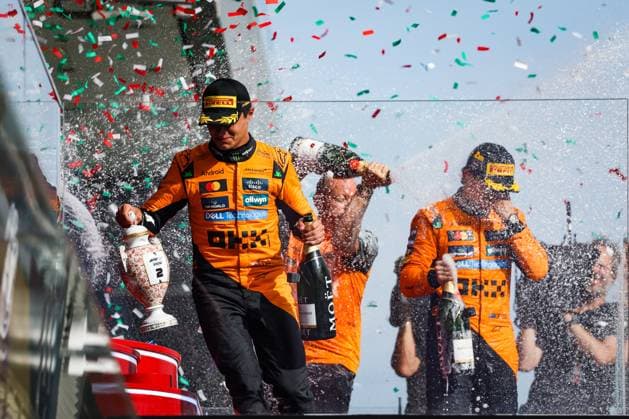 F1 - HUNGARIAN GRAND PRIX 2025 Podium: NORRIS Lando (gbr), McLaren F1 Team MCL39, PIASTRI Oscar (aus), McLaren F1 Team MCL39, portrait during the 2025 Formula 1 Lenovo Hungarian Grand Prix, 14th round of the 2025 FIA Formula One World Championship, WM, Weltmeisterschaft from August 1 to 3, 2025 on the Hungaroring, in Mogyorod, Hungary - MogyorodHungary  Copyright: xFLORENTxGOODENx