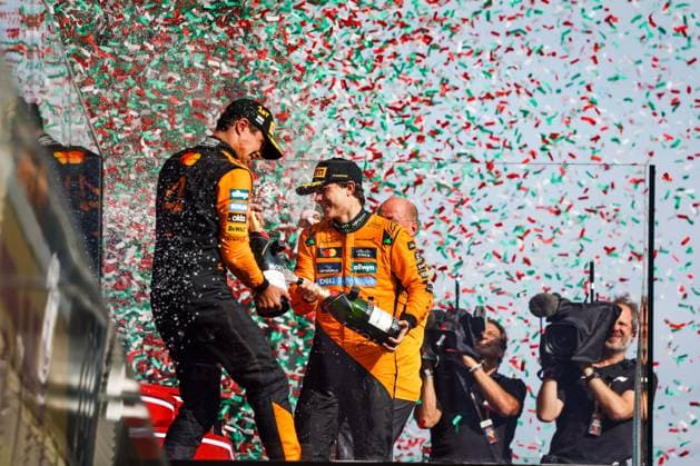 F1 - HUNGARIAN GRAND PRIX 2025 Podium: NORRIS Lando (gbr), McLaren F1 Team MCL39, PIASTRI Oscar (aus), McLaren F1 Team MCL39, portrait during the 2025 Formula 1 Lenovo Hungarian Grand Prix, 14th round of the 2025 FIA Formula One World Championship, WM, Weltmeisterschaft from August 1 to 3, 2025 on the Hungaroring, in Mogyorod, Hungary - MogyorodHungary  Copyright: xFLORENTxGOODENx