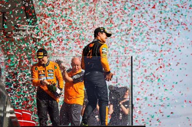 F1 - HUNGARIAN GRAND PRIX 2025 Podium: NORRIS Lando (gbr), McLaren F1 Team MCL39, PIASTRI Oscar (aus), McLaren F1 Team MCL39, portrait during the 2025 Formula 1 Lenovo Hungarian Grand Prix, 14th round of the 2025 FIA Formula One World Championship, WM, Weltmeisterschaft from August 1 to 3, 2025 on the Hungaroring, in Mogyorod, Hungary - MogyorodHungary  Copyright: xFLORENTxGOODENx