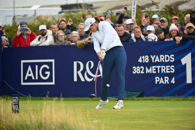 3rd August 2025; Royal Porthcawl Golf Club, Porthcawl, Wales; AIG Womens Open Golf, Final Round; Lottie Woad drives from the first tee  AledxHopkins