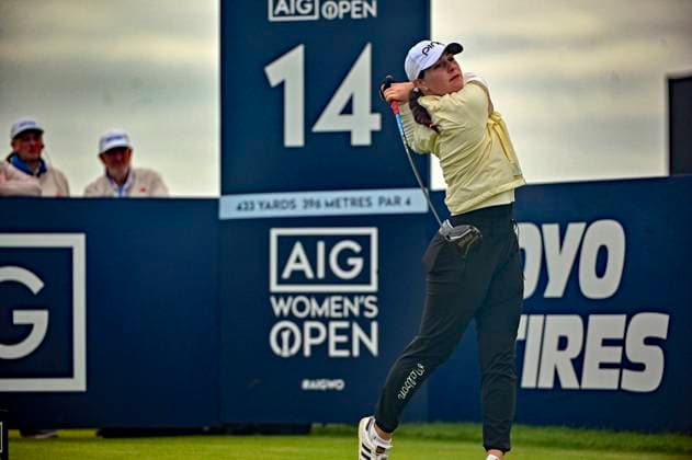 3rd August 2025; Royal Porthcawl Golf Club, Porthcawl, Wales; AIG Womens Open Golf, Final Round; Darcey Harry teeing off on 14  AledxHopkins