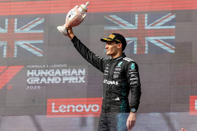 George Russell Mercedes AMG Petronas F1 Team, Great Britain, 63 , HUN, Formula 1 World Championship, Hungarian Grand Prix, Hungaroring, race day, race, podium, 2025 season, 03 08 2025 HUN, Formula 1 World Championship, Hungarian Grand Prix, Hungaroring, race, podium, 2025 season, 03 08 2025 Budapest Copyright: xEibner-Pressefoto MarcelxFischerx EP_MFI