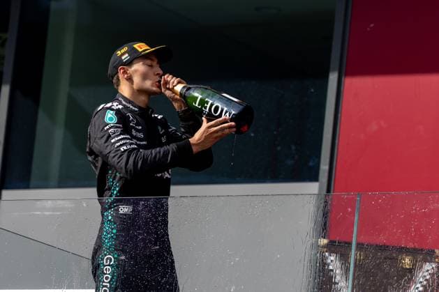 George Russell Mercedes AMG Petronas F1 Team, Great Britain, 63 , HUN, Formula 1 World Championship, Hungarian Grand Prix, Hungaroring, race day, race, podium, 2025 season, 03 08 2025 HUN, Formula 1 World Championship, Hungarian Grand Prix, Hungaroring, race, podium, 2025 season, 03 08 2025 Budapest Copyright: xEibner-Pressefoto MarcelxFischerx EP_MFI